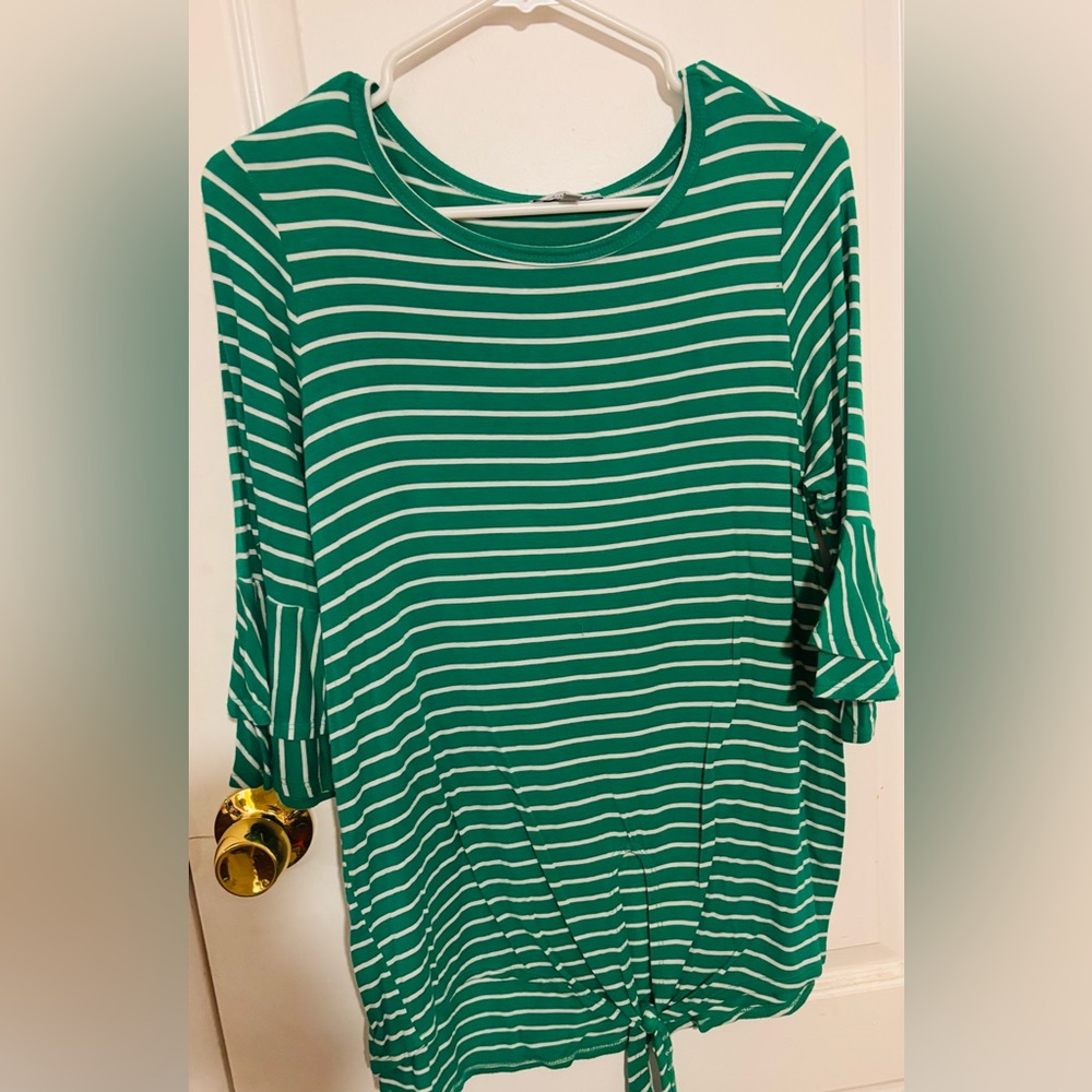 White Birch Emerald Striped 3/4 Ruffle Sleeve Top